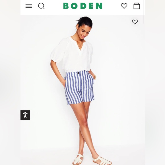 Boden Pants - BODEN high waist blue and white striped pleated linen shorts 4 " inseam sz 8 NWT